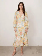 Floral Print Long-Sleeved Bodycon Slim Fit Long Dress