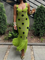 Polka Dots Hollow Out Tassel Sleeveless V-neck Maxi Dresses