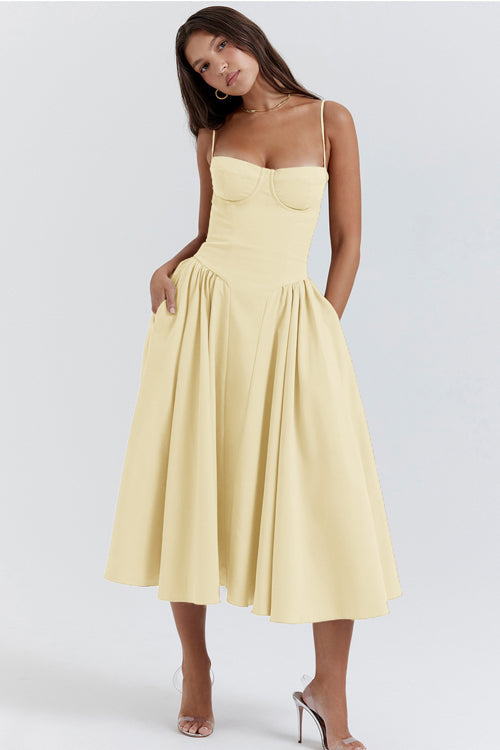Spaghetti Strap Corset Bodice Box Pleat A-Line Midi Dress