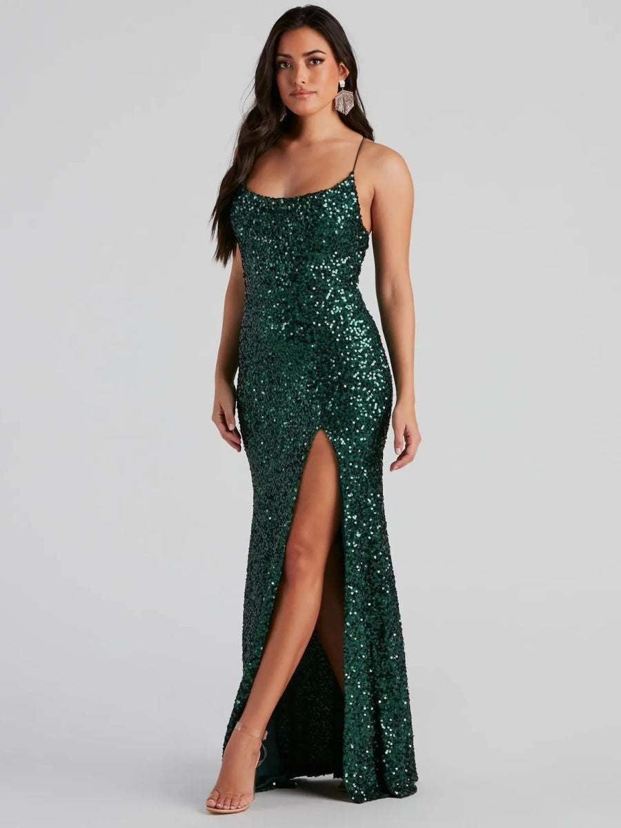Sequins Slit Sexy Camisoles Formal Dress Maxi Dresses