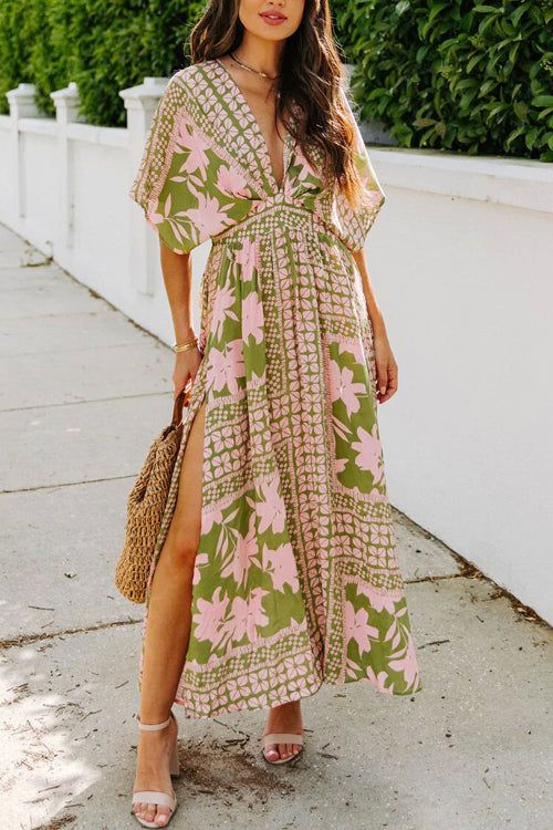 Patchwork Print Deep V-Neck Flutter Sleeve High Split Maxi Dress