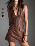 PU Leather Zipper V-neck Sleeveless Mini&Short Dresses