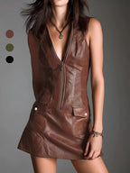 PU Leather Zipper V-neck Sleeveless Mini&Short Dresses