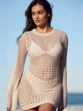 Hollow Knitting Hip-hugging Long Sleeve Sexy Cover Ups