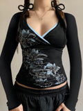 Printed Color-blocked V-neck Slim Fit Long-sleeved T-shirt