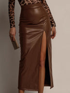PU Leather High-waisted Side Slit Longline Skirts