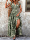 Floral Print V-neck Short Sleeve Large Skirt Maxi Dresses