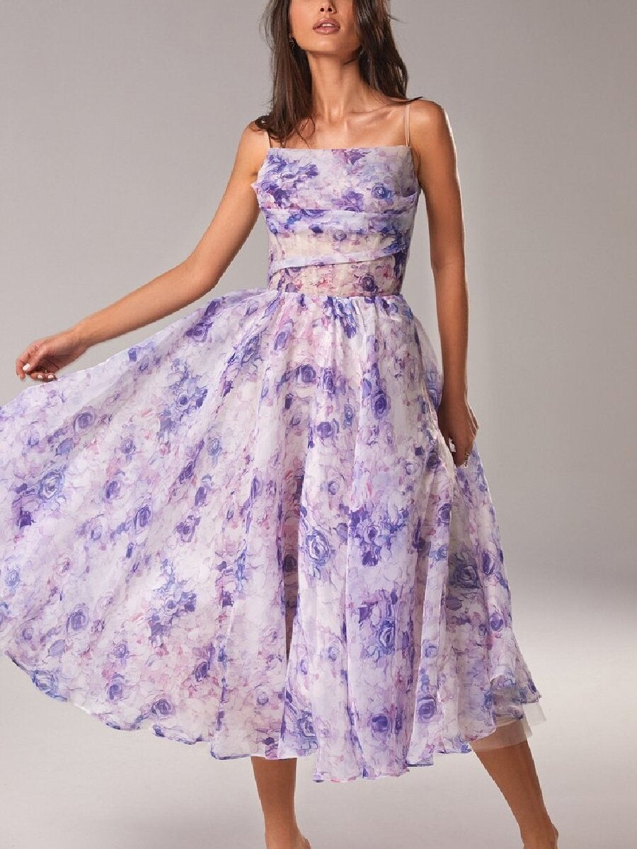 Zipper Floral Print Strapless Sleeveless Long Dress