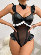 Patent Leather Mesh See-through Bow Bodysuits