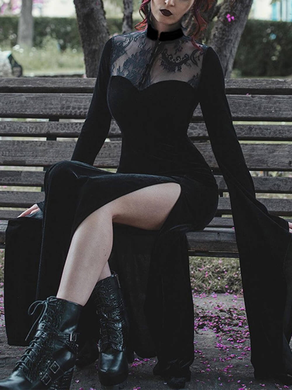 Velvet Lace Yoke High Neck Bell Sleeve Thigh Split Maxi Gown