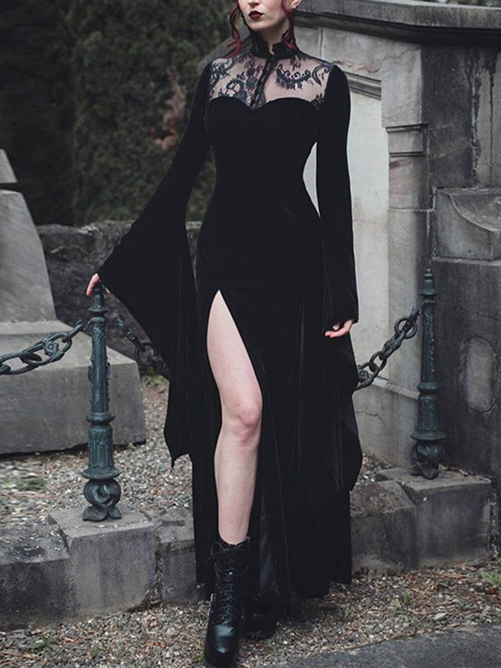 Velvet Lace Yoke High Neck Bell Sleeve Thigh Split Maxi Gown