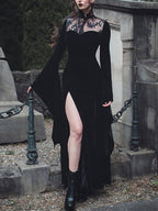 Velvet Lace Yoke High Neck Bell Sleeve Thigh Split Maxi Gown