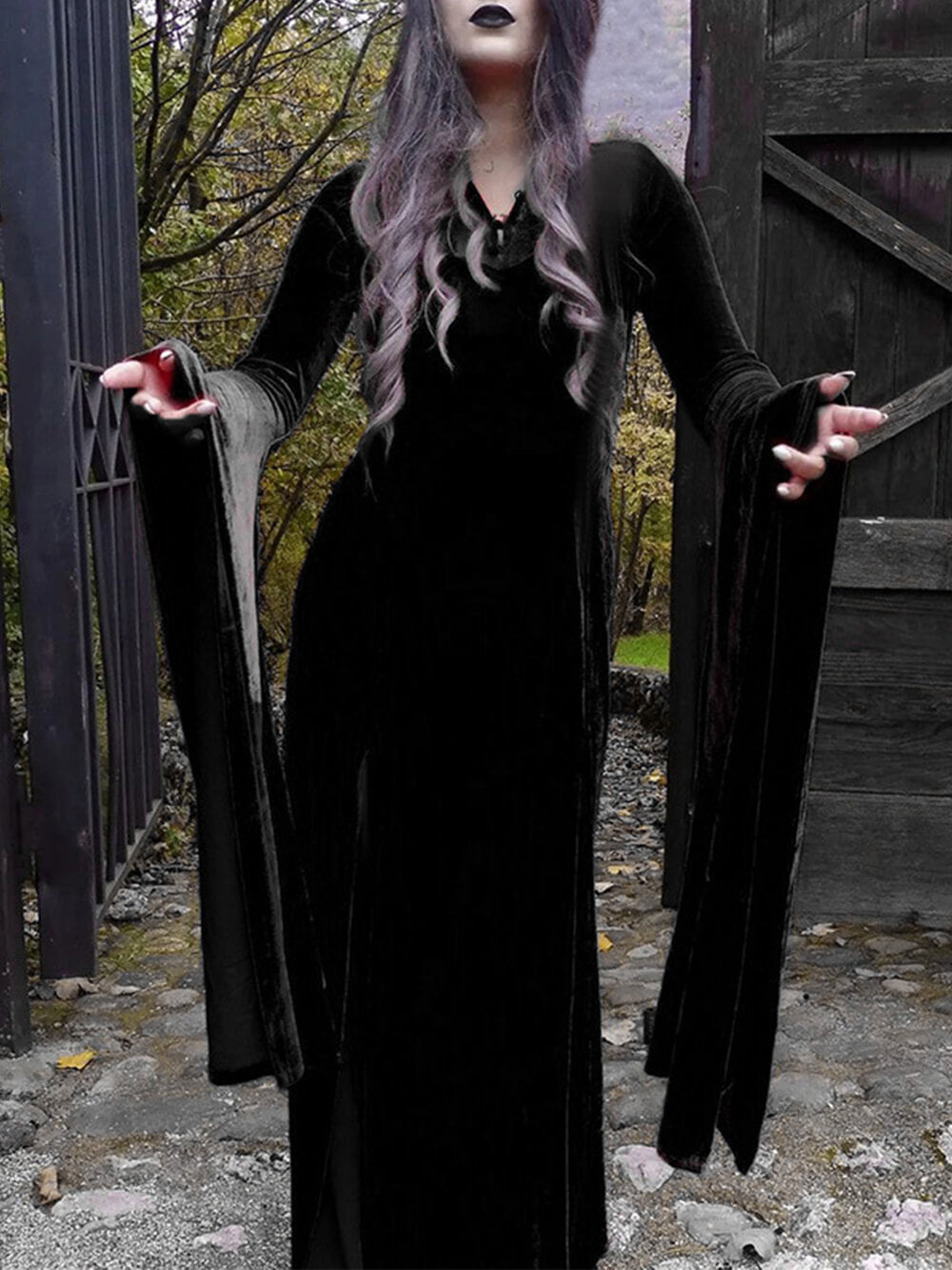 Velvet Lace Yoke High Neck Bell Sleeve Thigh Split Maxi Gown