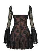 Floral Lace Square Neck Tie Front Bell Sleeve Corset Bodice Mini Dress
