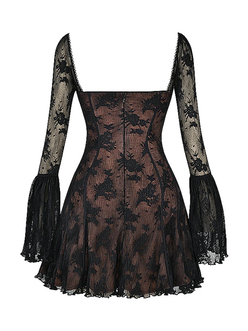 Floral Lace Square Neck Tie Front Bell Sleeve Corset Bodice Mini Dress