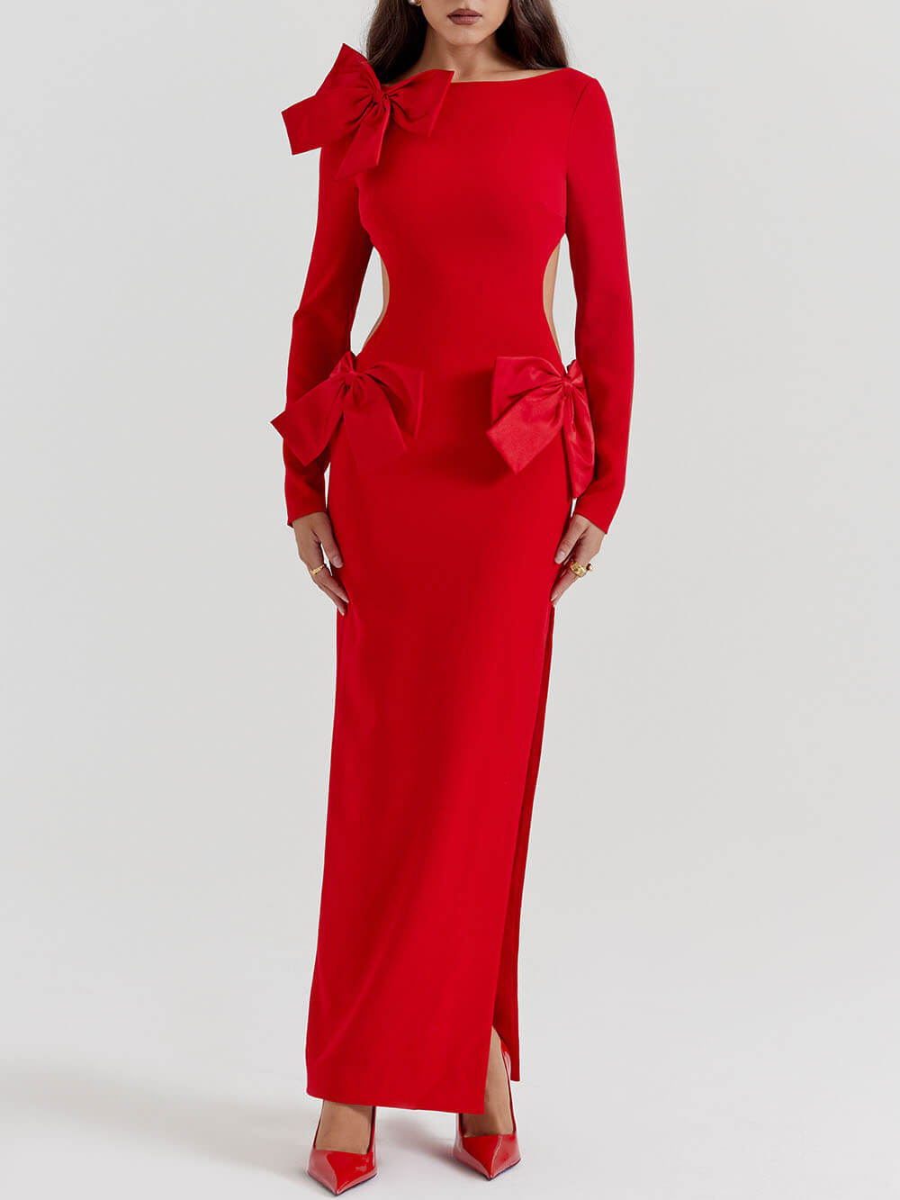 Boat Neck Long Sleeve Oversized Bow Accent Side Waist Cut Out High Slit Maxi Dress