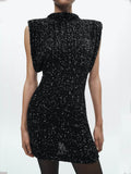Sequin Mock Neck Padded Shoulder Sleeveless Bodycon Mini Dress