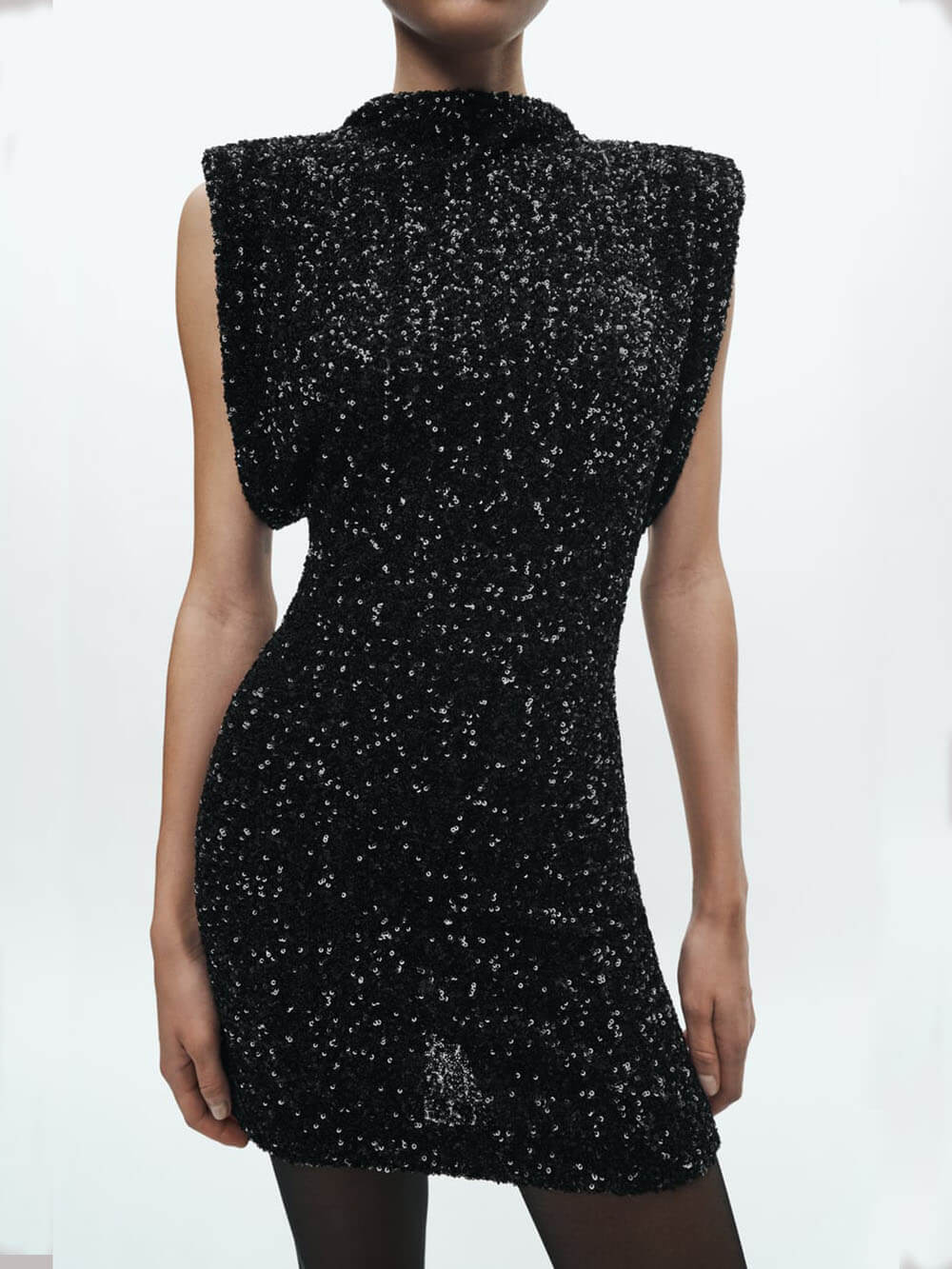 Sequin Mock Neck Padded Shoulder Sleeveless Bodycon Mini Dress