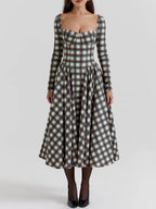 Plaid Sweetheart Neck Corset Bodice Basque Waist Pleated Midi Dress