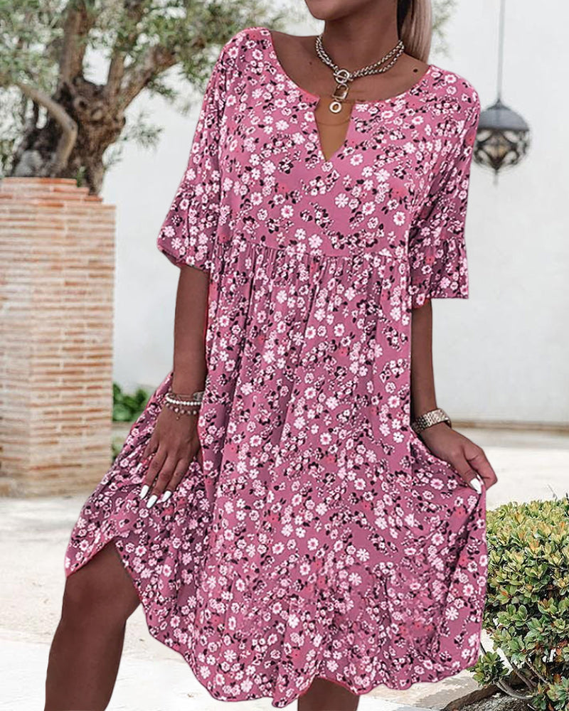 | Elegant Half-Sleeved Dress in Floral Cotton
