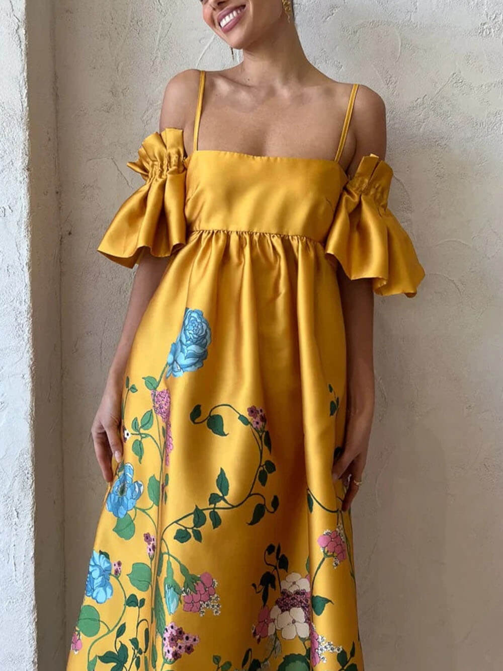 Fiora Exclusive Dress with Marigold Flower Sleeves Premium Wardrobe Essential