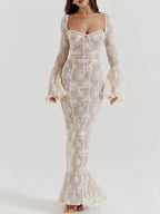 Floral Lace Square Neck Corset Bodice Bell Sleeve Trumpet Maxi Gown