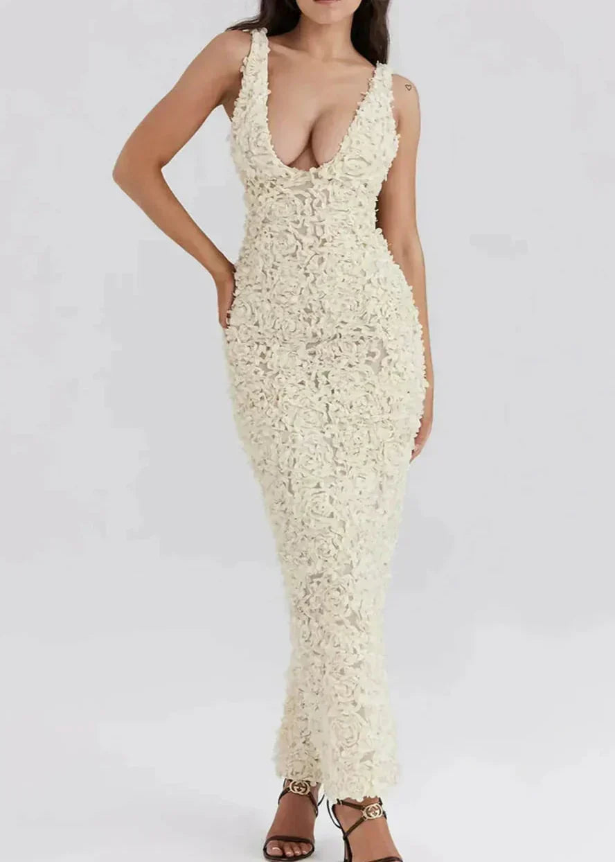 Plunging Neck 3D Petal Applique Bodycon Midi Dress