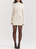 Mock Neck Long Sleeve Princess Seam Hip Flap Pocket Mini Dress