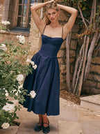 Sweetheart Neck Spaghetti Strap Corset Bodice Basque Waist Pleated Midi Dress