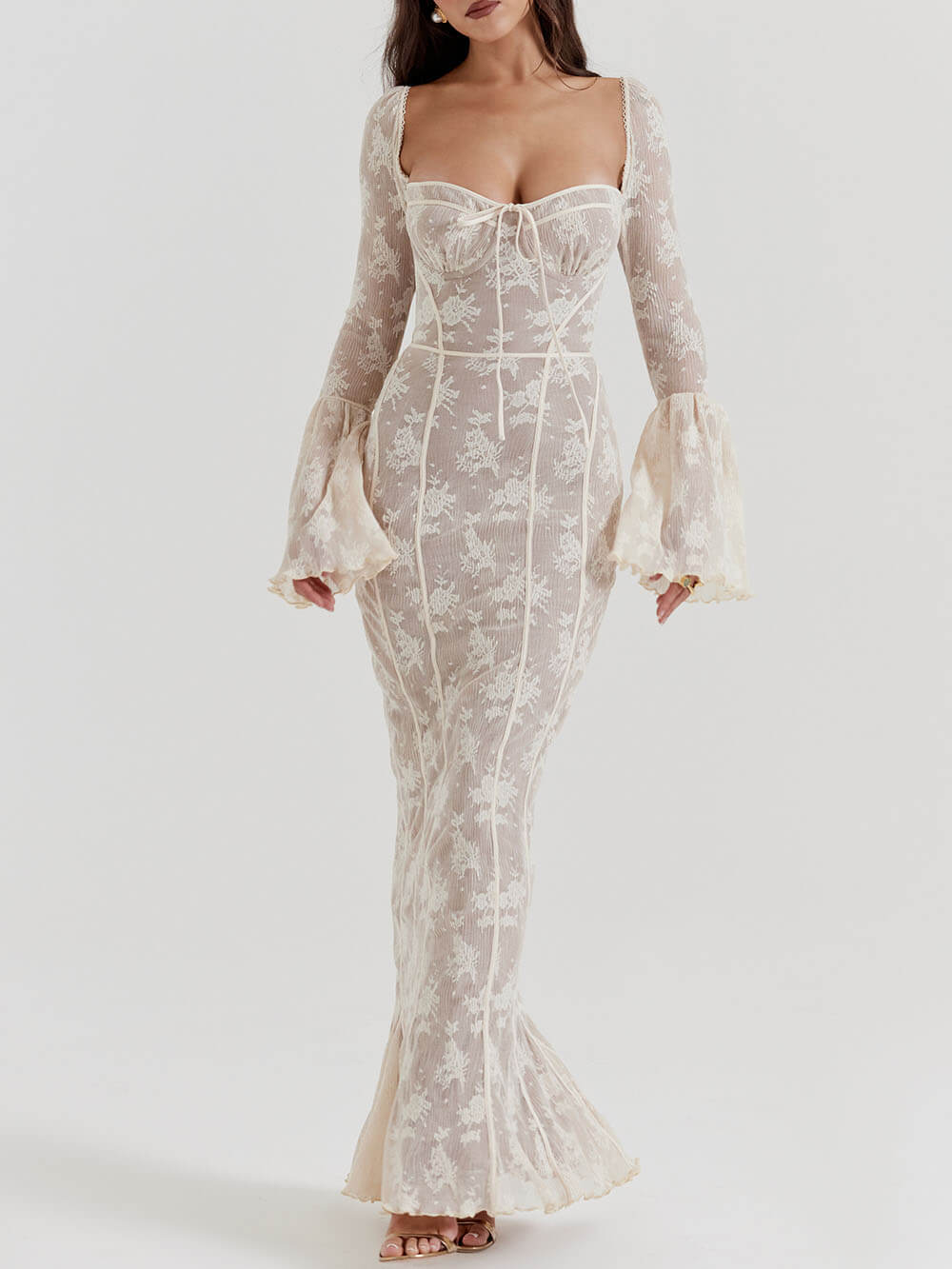 Floral Lace Square Neck Corset Bodice Bell Sleeve Trumpet Maxi Gown