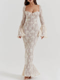 Floral Lace Square Neck Corset Bodice Bell Sleeve Trumpet Maxi Gown