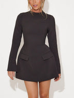 Mock Neck Bell Sleeve Pocket Flap Structured A-Line Mini Dress