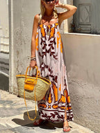 Spaghetti Strap Abstract Scroll Print Swing A-Line Maxi Dress