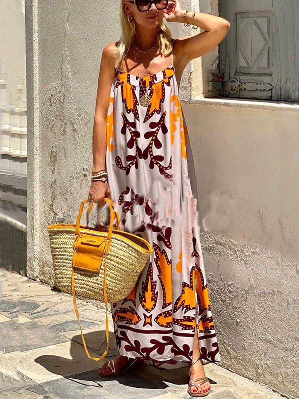 Spaghetti Strap Abstract Scroll Print Swing A-Line Maxi Dress