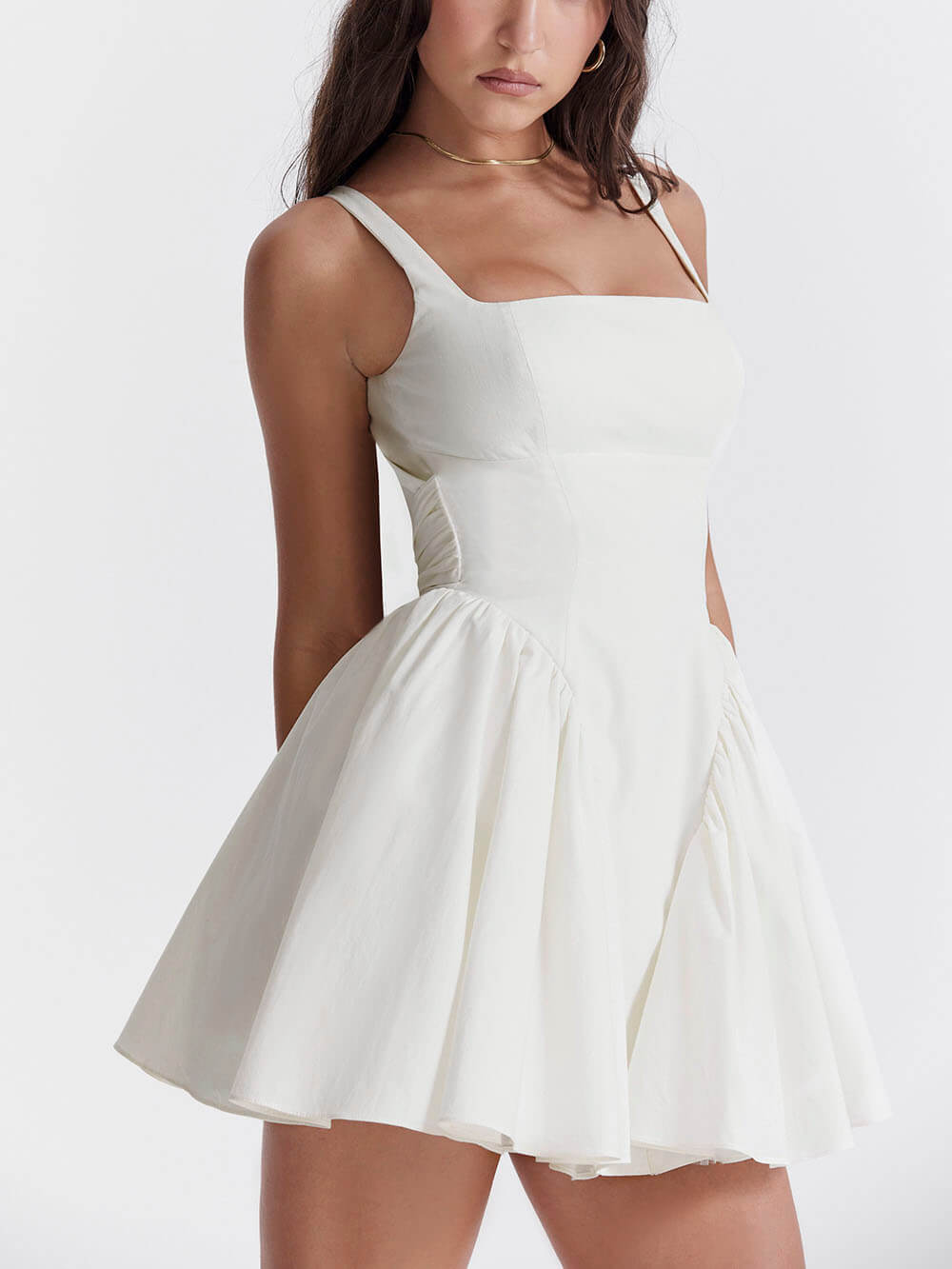 Wide Strap Open Back Oversized Bow Pleated Babydoll Mini Dress