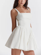 Wide Strap Open Back Oversized Bow Pleated Babydoll Mini Dress