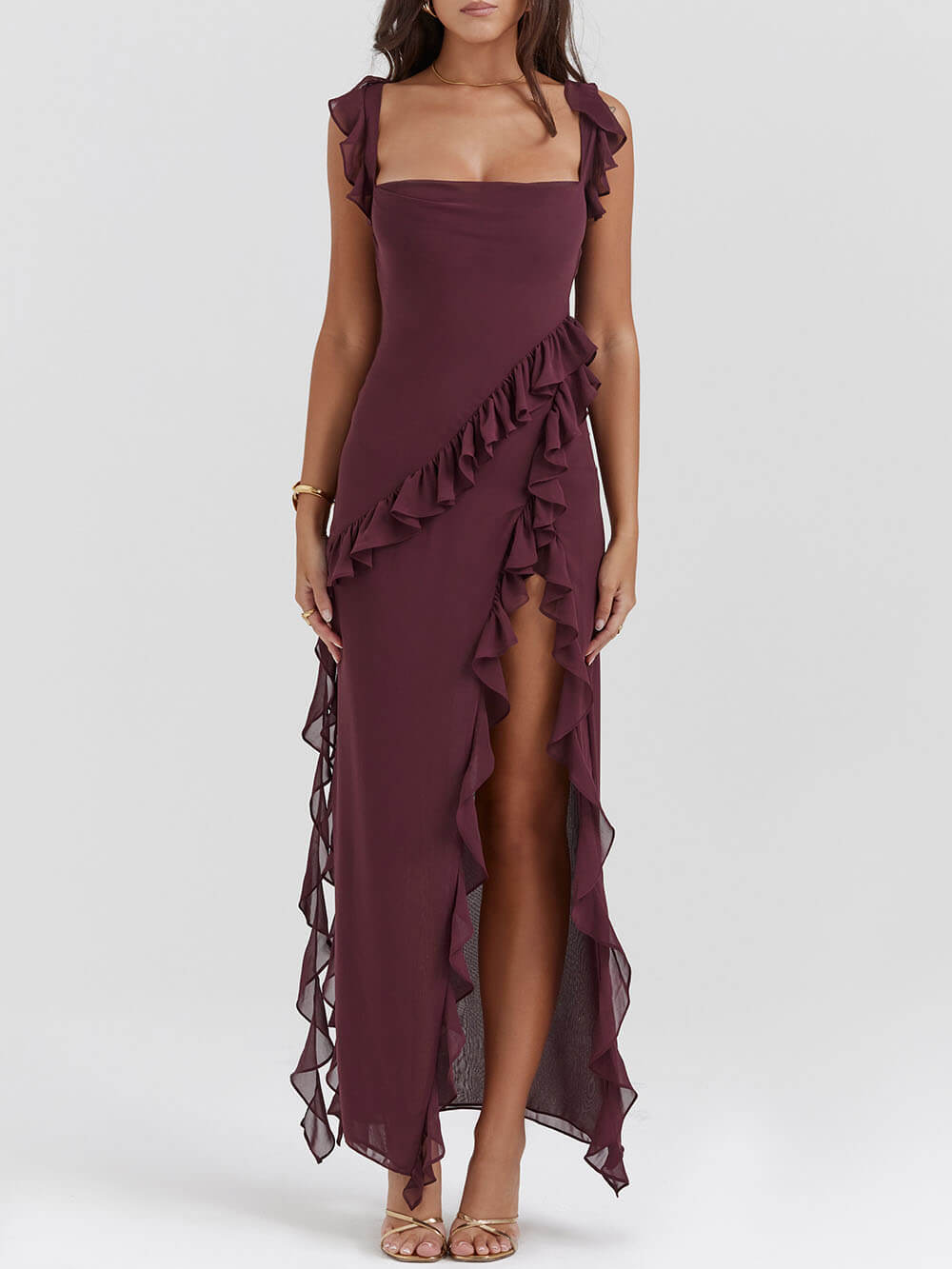 Square Neck Ruffled Strap Diagonal Ruffle Trim High Slit Maxi Dress