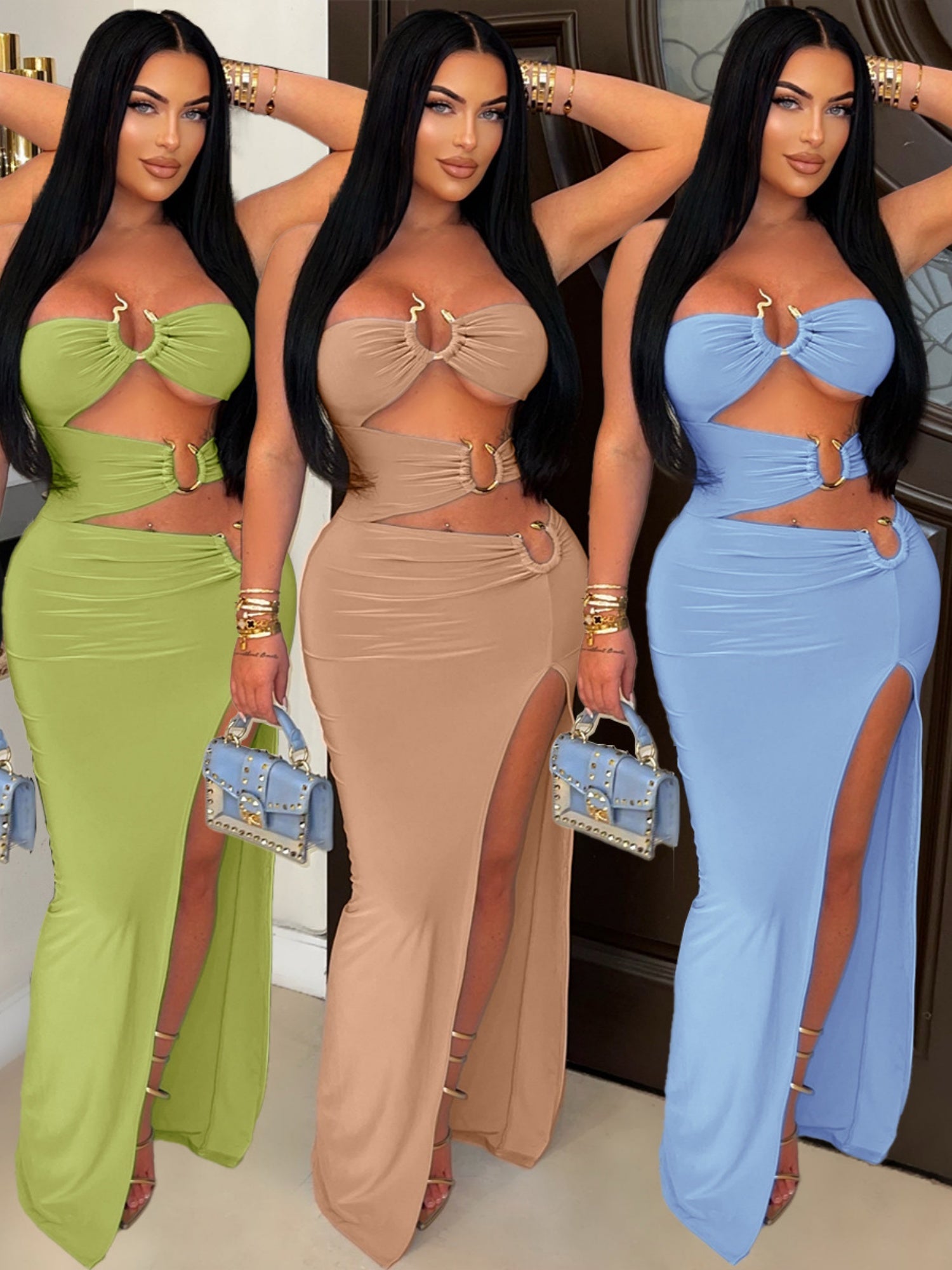 Hollow Out Metal Ring Splicing High Fork Hip Wrap Pleated Maxi Dresses