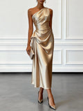 Off-the-shoulder Satin Pleated Midi Dress