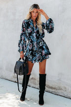 Floral Print V-Neck Button-Front Drawstring Waist Ruffle Hem Mini Dress