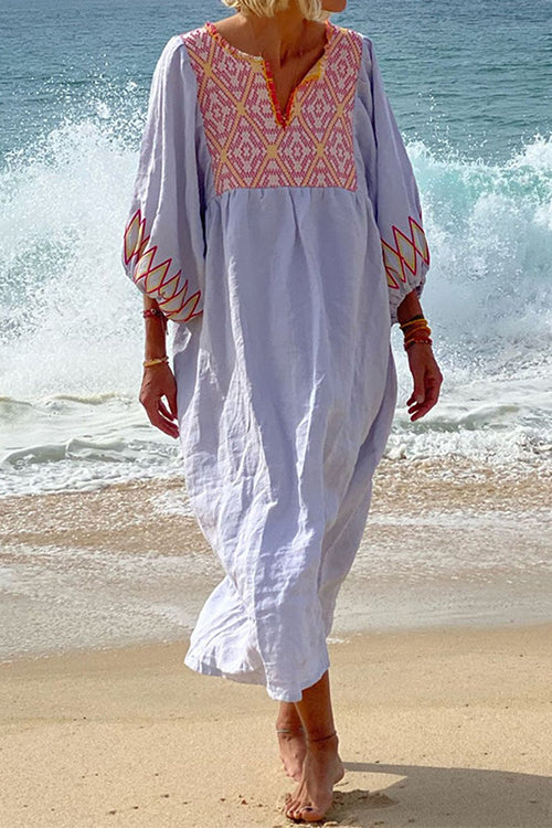3/4 Balloon Sleeves Bohe Printed Caftan Midi Vacation Dress