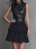 PU Leather Splicing Sleeveless Temperament Commuting Mini&Short Dresses