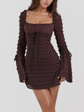 Lace Tiered Ruffle Square Neck Bell Sleeve Bodycon Mini Dress