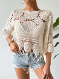 Crocheted Openwork Knit See-through Top, Solid Color Beach Bikini Cover-up