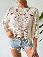 Crocheted Openwork Knit See-through Top, Solid Color Beach Bikini Cover-up