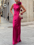 Boat Neck Sleeveless Satin Rosette Shoulder Floral Drop Maxi Dress