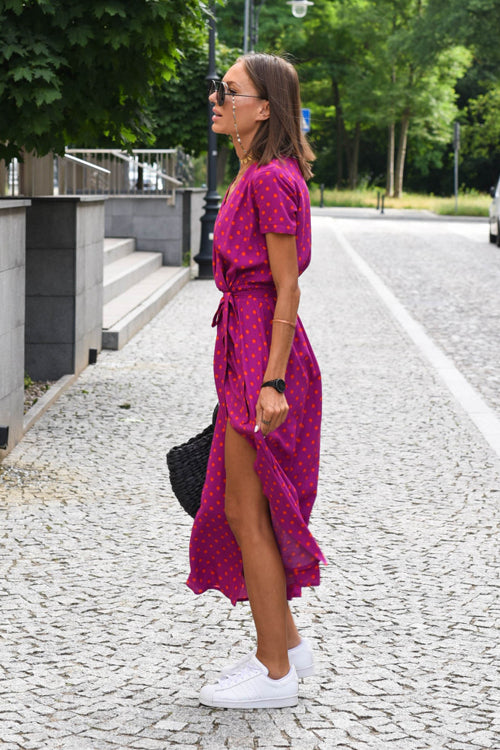 Short Sleeve V-Neck Floral Print Wrap Tie Waist Slit Maxi Dress