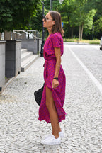 Short Sleeve V-Neck Floral Print Wrap Tie Waist Slit Maxi Dress