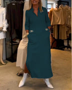 Magaly Timeless Solid Color Slit Dress with 3/4 Sleeves Premium Wardrobe Essential