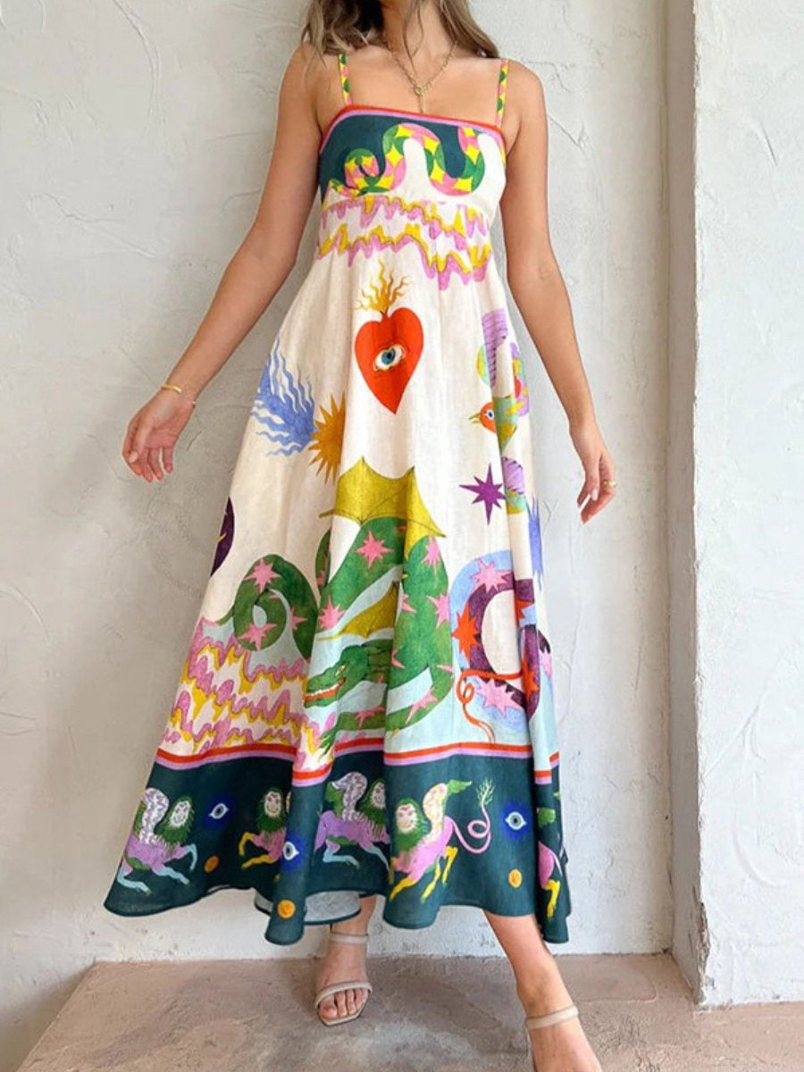 High-waisted Anime Cartoon Print Suspender Long Dress